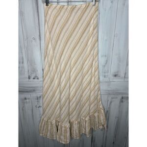 CP‎ SHADES BEIGE WHITE STRIPED LINEN ELASTIC WAIST SAUSALITO RUFFLE MAXI SKIRT S